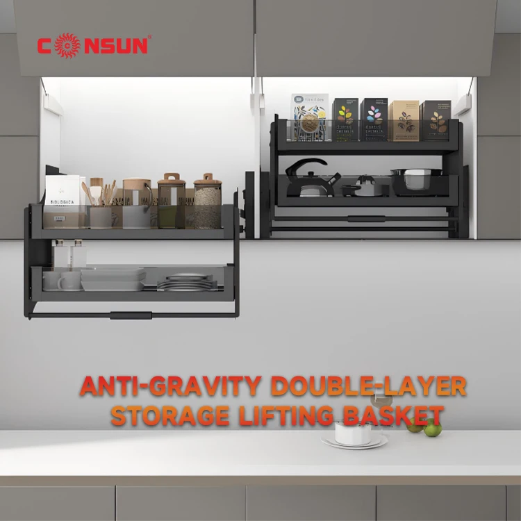 Kitchen Storage Accessories Modern Metal Iron Lift Basket Adjustable Pull-Down Shelves Cabinet Elevator Basket