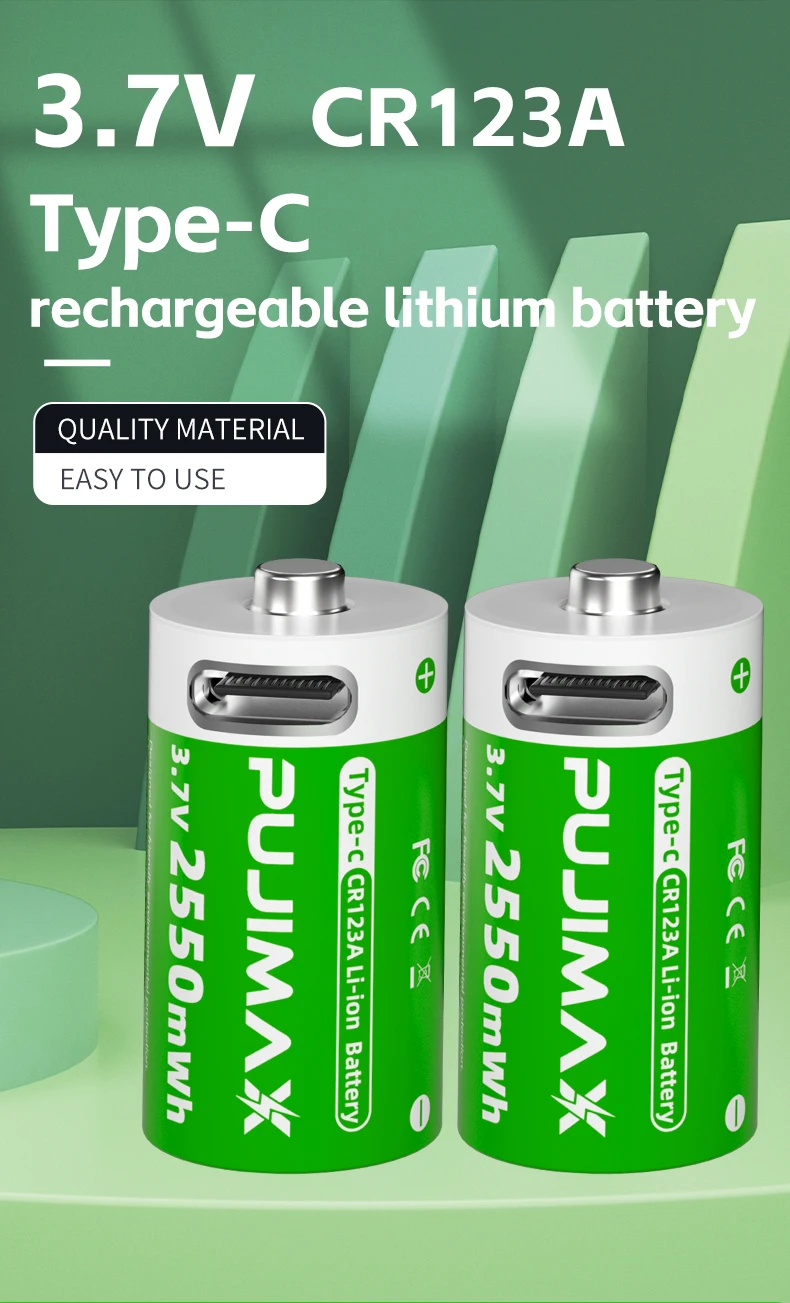 PUJIMAX 2PCS 2550mWh CR123A New Models Suction Card Packing Rechargeable Li ion Batteries 3.7V USB C Charging Lithium Batteries