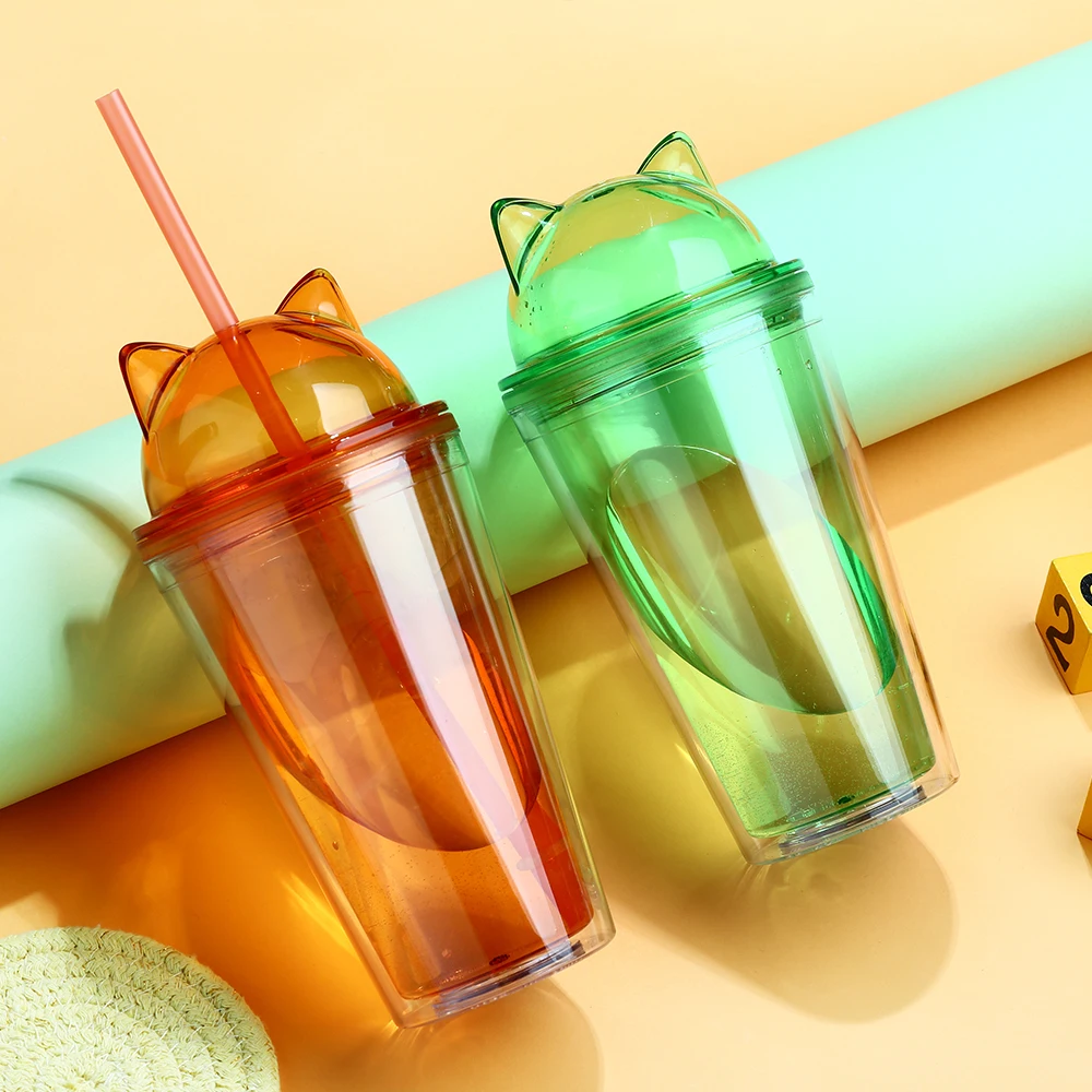 
Cat ear cup New design custom reusable drinking double wall clear glitter drinking plastic acrylic cat ear dome cup with straw 