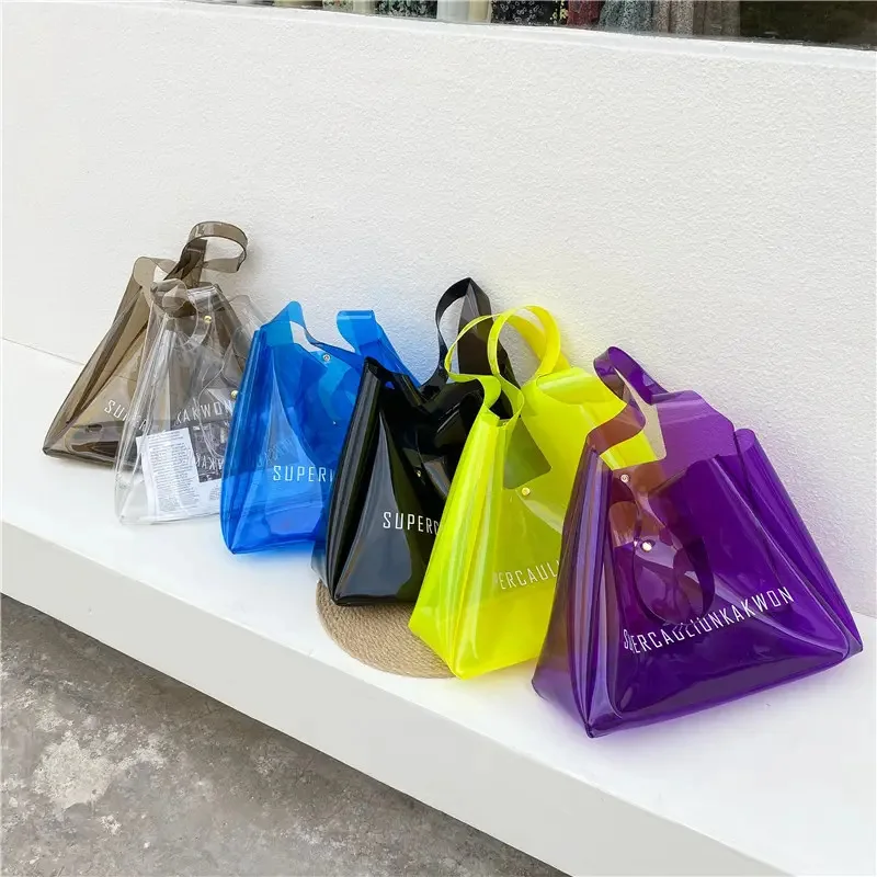 Fashionable Custom Logo Durable waterproof Large Capacity Beach Purple Gray Yellow Shoulder Clear Colored PVC Beach Tote Bag