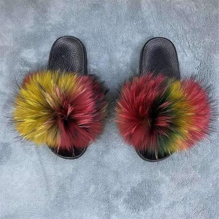
2020 Summer Shoes Women Home Flat Sandals Female Cute Fluffy Brand Luxury Fluffy Raccoon Fur Slippers 
