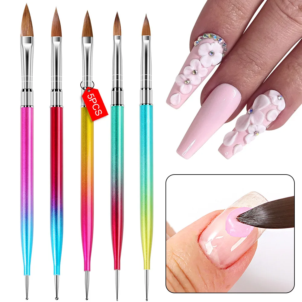 5pcs/set Nail Art Dotting Painting Pen Uv Gel Acrylic Drawing Carving Rainbow Chrome Liner Brush Tools 2 Ways Manicure Diy Tool