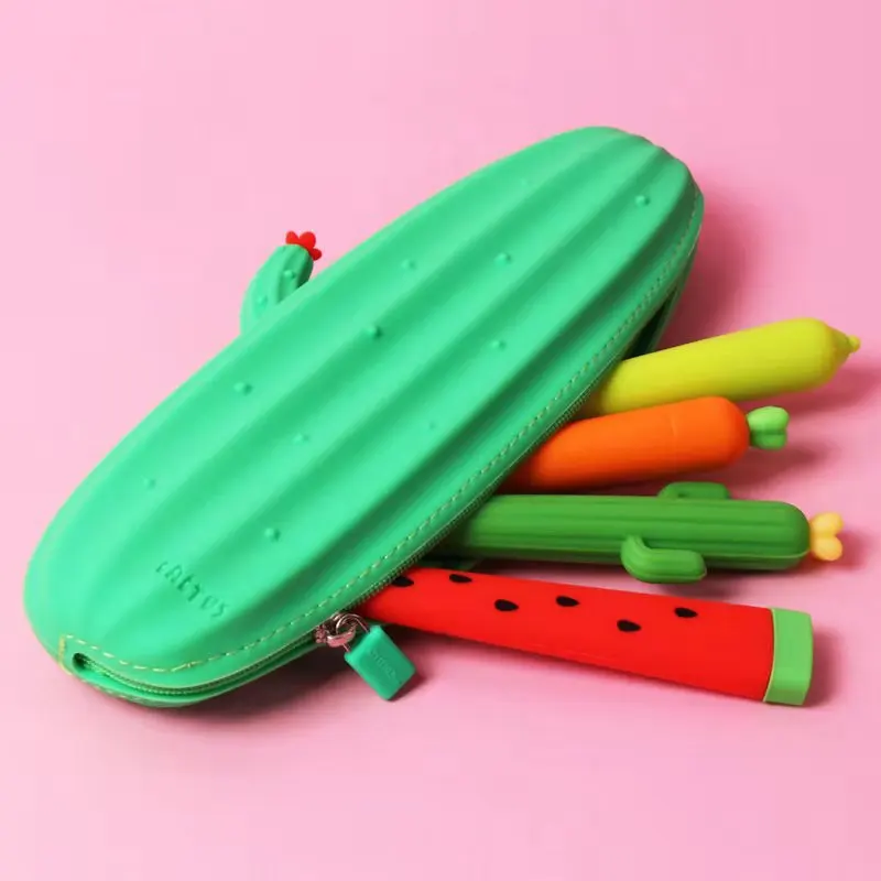 Newest Customized Logo Cactus Cartoon 3D Zipper Silicone Pen Bag Pencil Case Bag