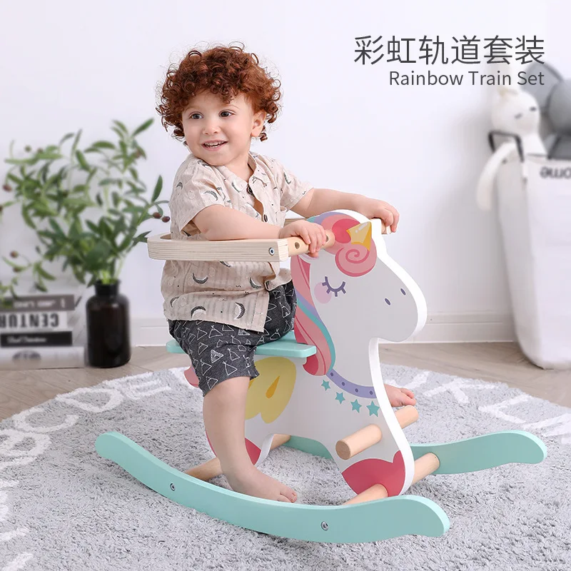 Children unicorn rocking horse baby safety wooden horse baby rocking chair