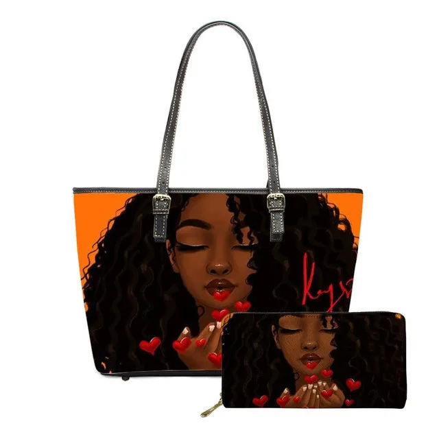 Nice Design Luxury Cute Black Afro African Girls Printed PU Leather Purses And Handbags Custom Big Handbag Set Fancy Girls Purse