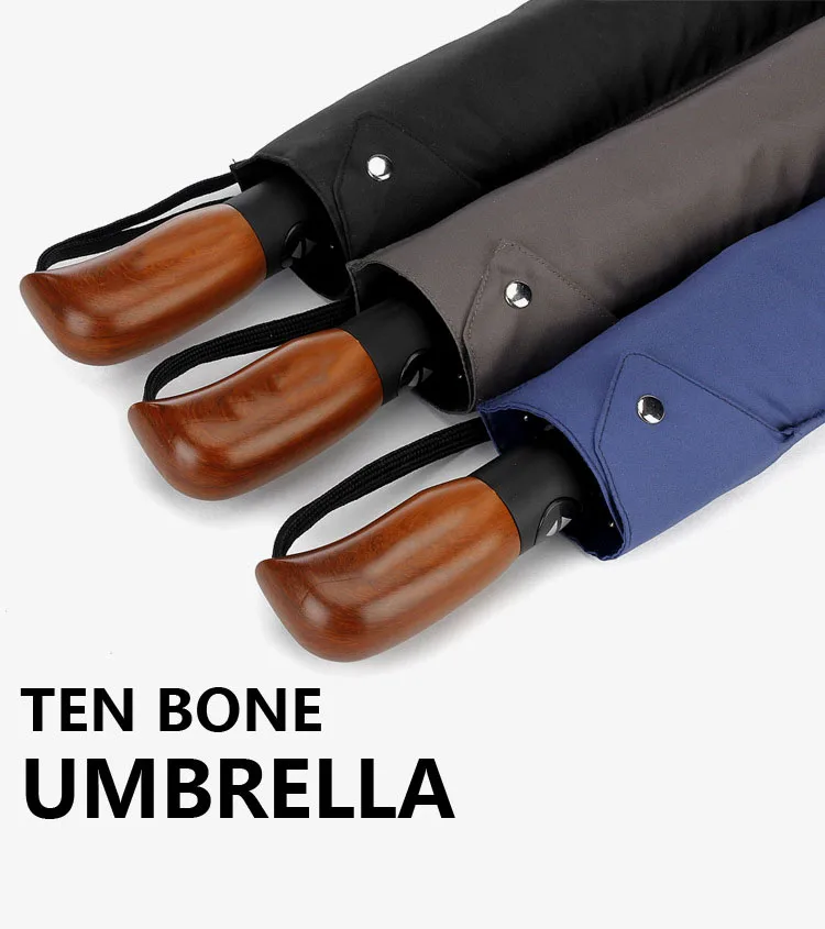 Strong Windproof Good Quality Sunscreen Support Custom Logo Printing Automatic Open 3 Fold Wooden Handle Umbrella