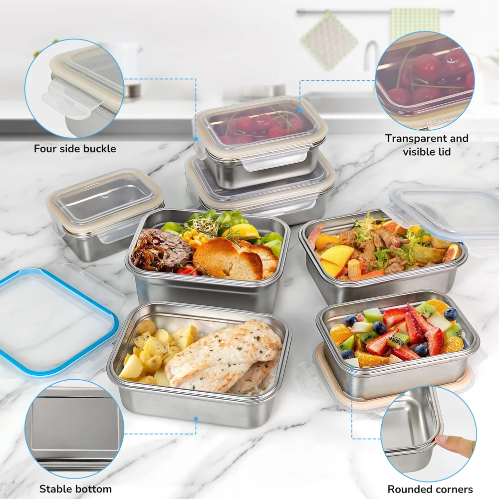 304 Stainless Steel Airtight Bento Lunch Box Lid Microwave Safe Food Grade Container Reusable Stackable Nestable Metal Meal Prep