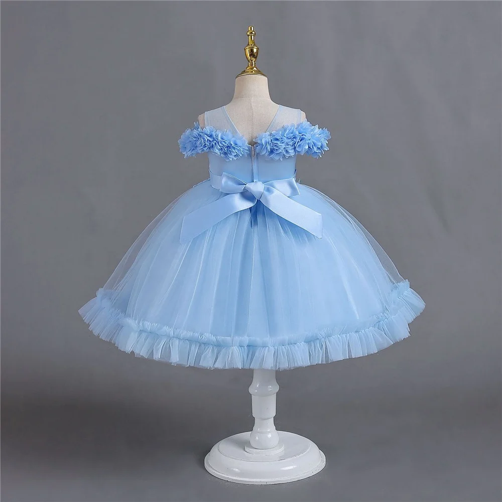 Summer Off Shoulder Flower Tulle Toddler Baby Girl Fancy Baptism Dress Lovely Girls First Year Birthday Party Wedding Dress