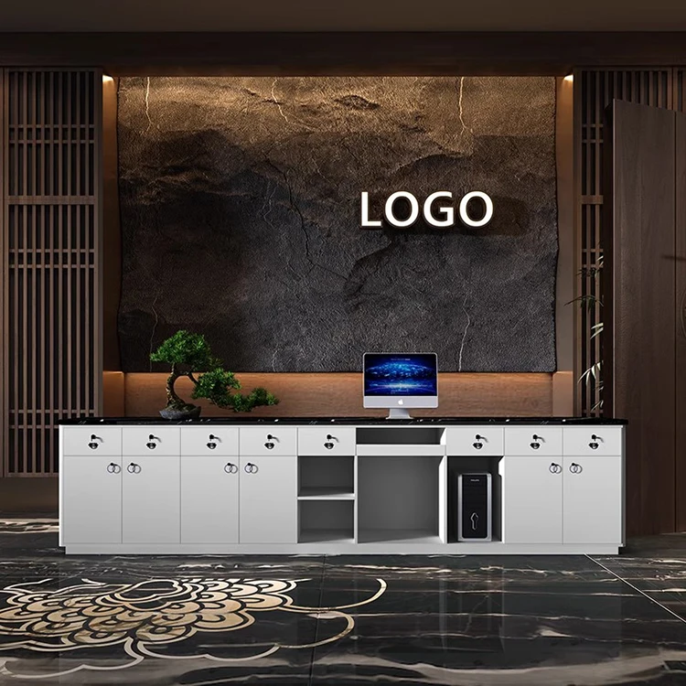 Custom Square Black Marble Granite Reception Front Desk Led Light Reception Desk With Storage