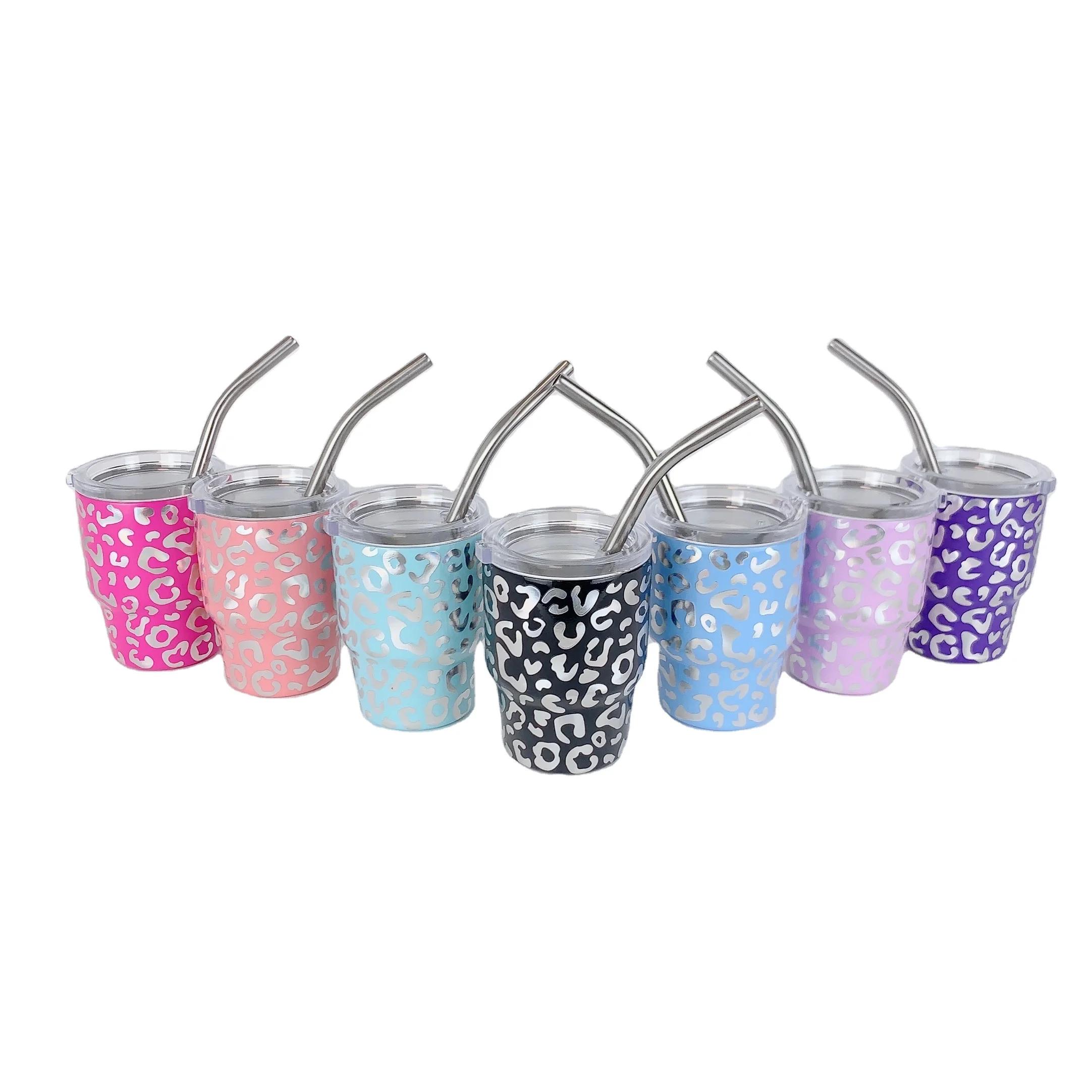 2oz Mini Cheetah Tumbler Shot Glass Insulated Stainless Steel Wine Tumbler Shot Glass Kids Cup with Lid and Straw