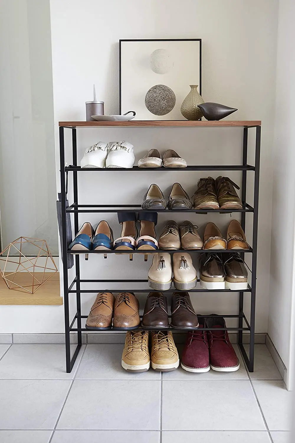 Japan hot sale Home 6 Tier Wood Top Shoe Rack  metal tube Powder coating shoe storage rack for entry home furniture