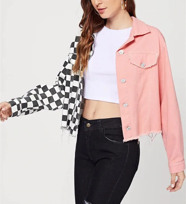 Two Tone Ladies Jackets Chaquetas Mujur High Quality Checker Pink Jean Denim Bomber Jaket Women 2020