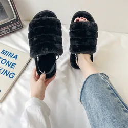 Drop Shipping Women Soft Plush Furry Cozy Open Toe House Flat Slippers Lamb Fur Warm Comfy Sandals Fluff Yeah Slide Slipper