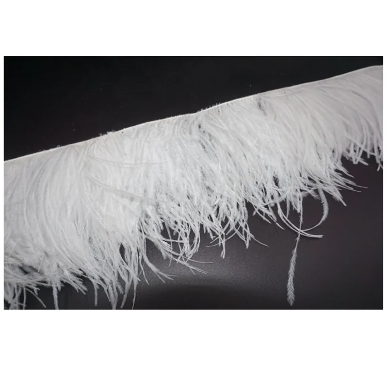 Natural White Color 13-15 Cm  2 PLY Ostrich Feather Fringe Trim On Cord For Dress Feather Fabric