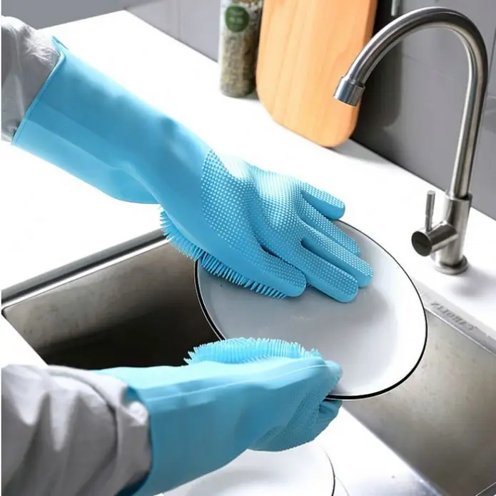 Hot sale Dish washing Cleaning silicone gloves Magic Silicone Rubber Sponge glove for washing pets Household