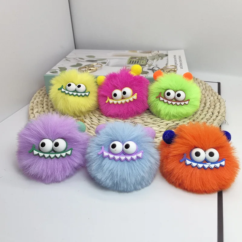 Cute Cartoon Plush Little Monster Keychain Pom Pom Key Ring Creative Plush Toy Doll Pendant Keychain For Key Bag Decoration