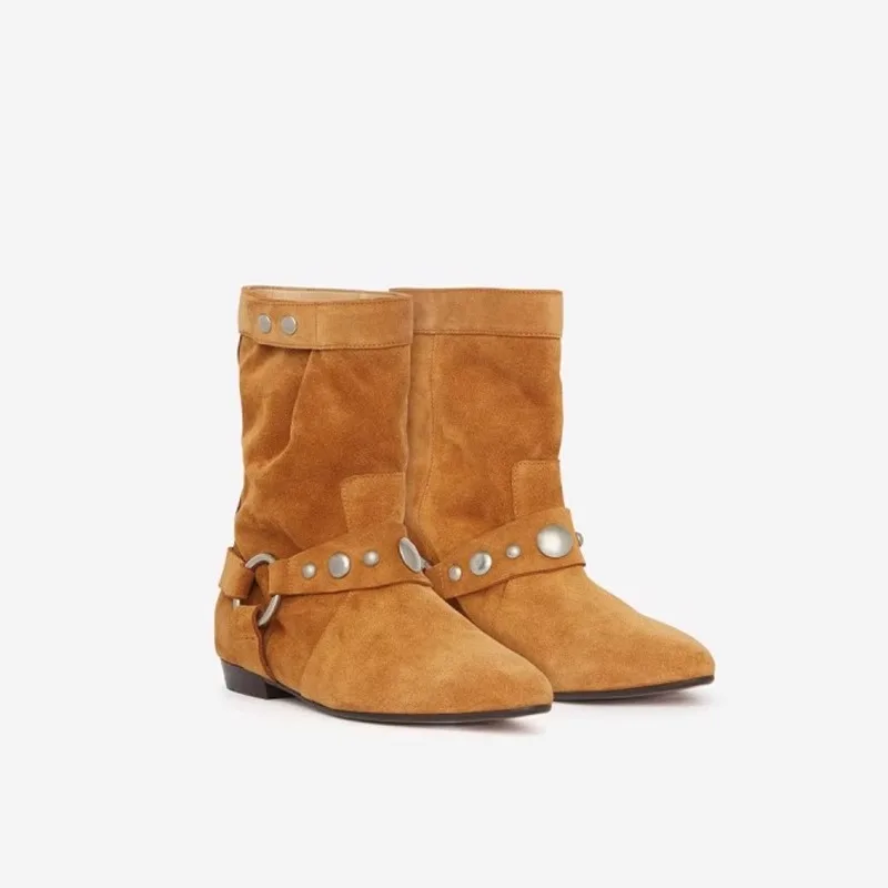 Hot Style Vintage Rivet Cowhide Leather Ankle Boots Suede Pointed Toe Boots Cowboy Women Ankle Boots