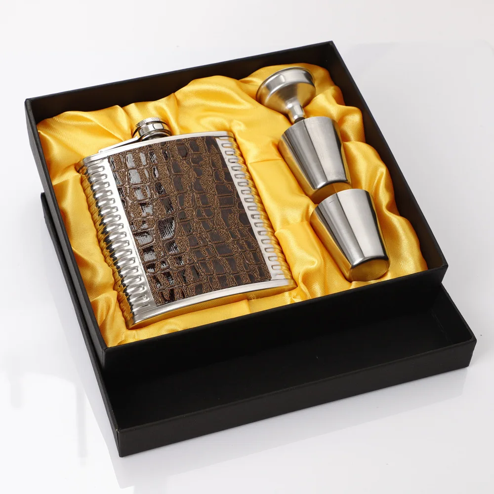 Новейшие 8 унций из нержавеющей стали Кожа фляга с бокалом вина подарочный набор