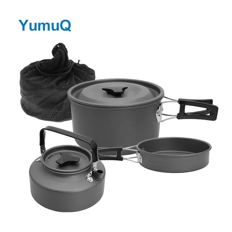 YumuQ 1-2 Person 10 13 15 Pieces Aluminum Camping Nonstick Cookware Silver Set 28cm Pots And Pans