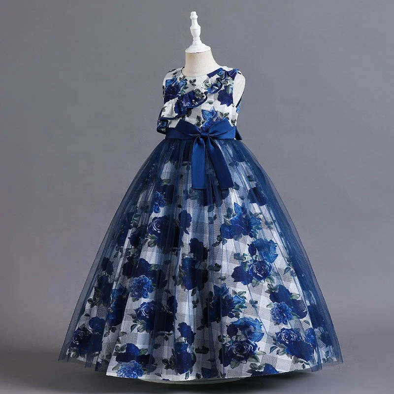 Formal Flower Girl Dress Blue Children Summer Casual Ball Gown Starry Sky Rose Pattern Design Sleeveless Princess Party Chiffon