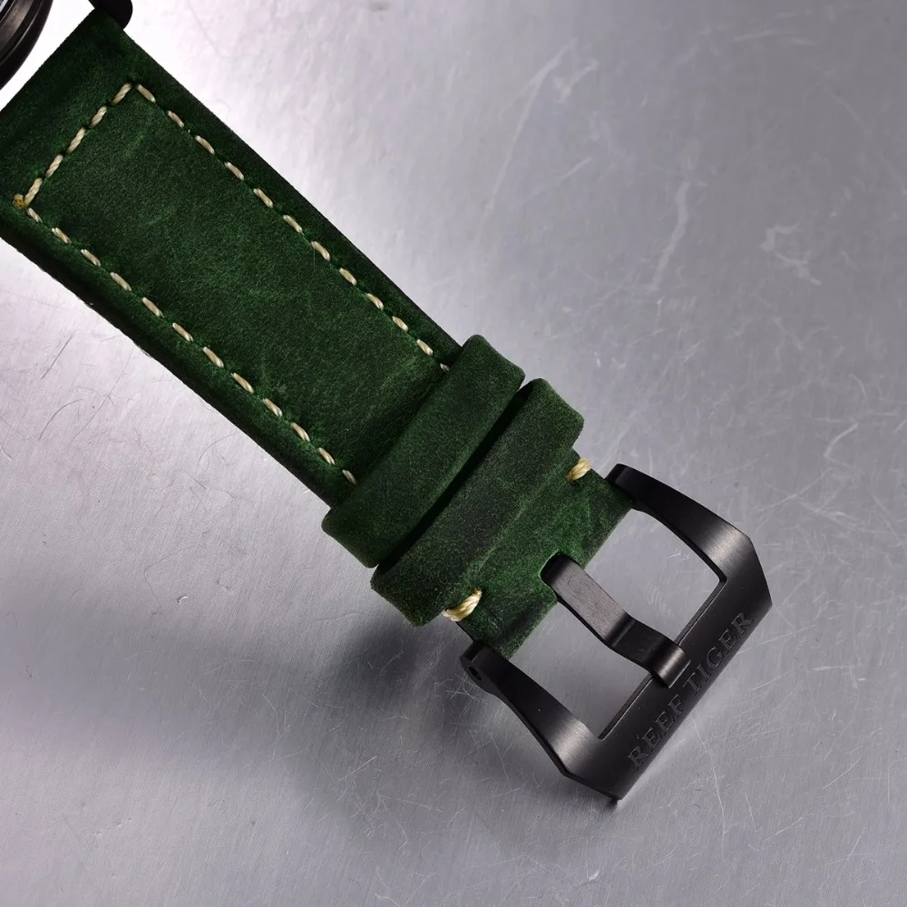 
Reef Tiger Steel Military Watches for Men Genuine Leather Strap Automatic Pilot Watch with Date RGA3019 