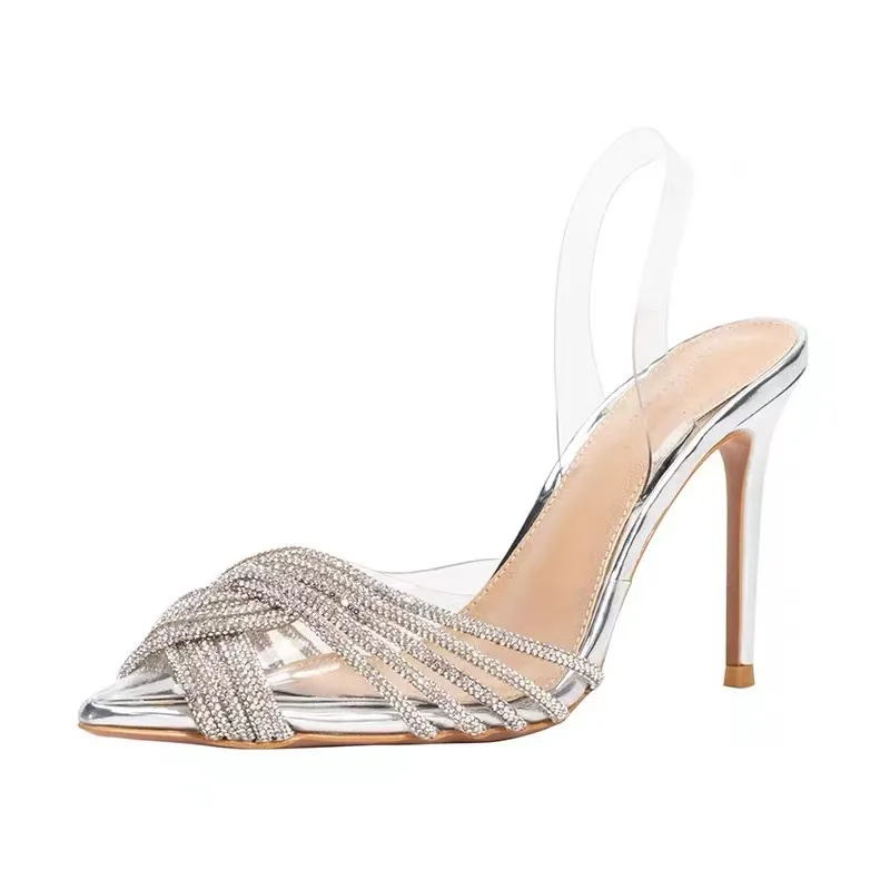 New Design Transparent High Heel Sandals Cross Rhinestone Heels Spring And Summer High Heel