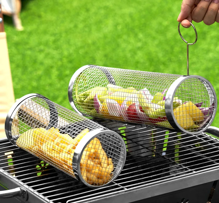 2024 Stainless Steel Rolling Grilling Basket Net Portable Outdoor Camping Barbecue Rack Bbq Grill Basket for Roasting Meat