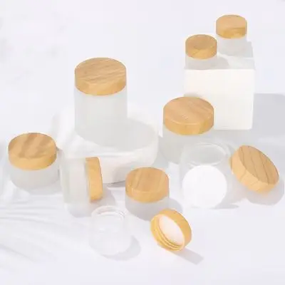 luxury 15g 30g 50g 100g  bamboo Cover Frosted Glass Jar Cream Bottle Contains Bamboo Cream Jar