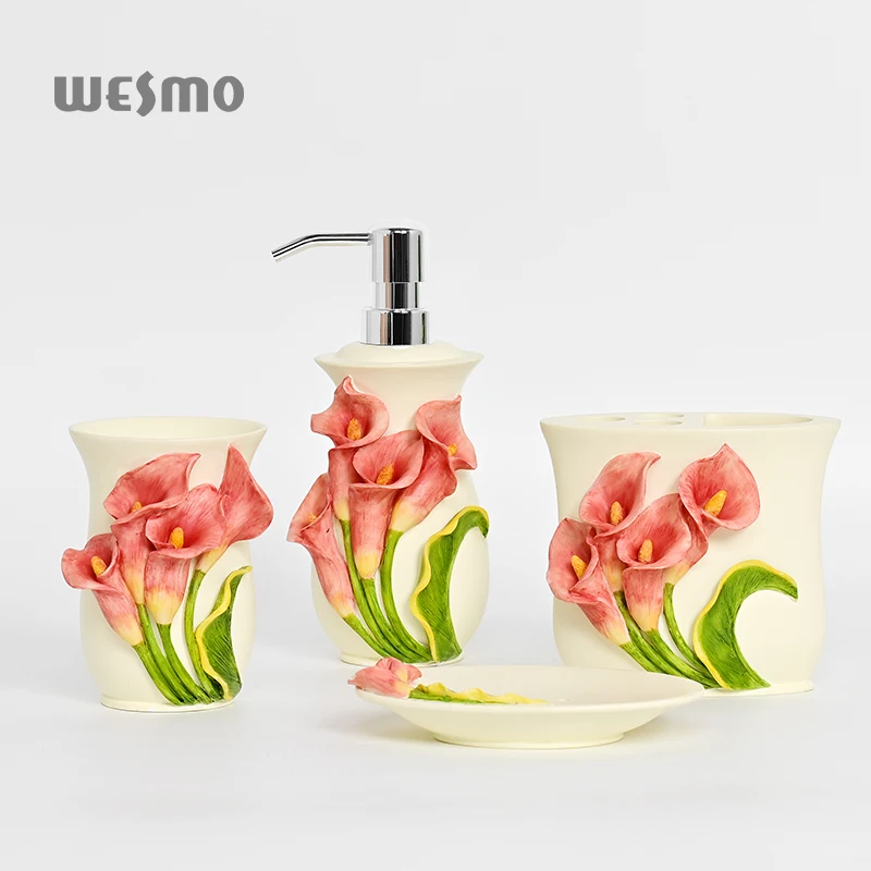 Luxury Sculptured Flower Design Soap Dispenser 4 Pcs Bathroom Items Resin Bathroom Accessories Set
