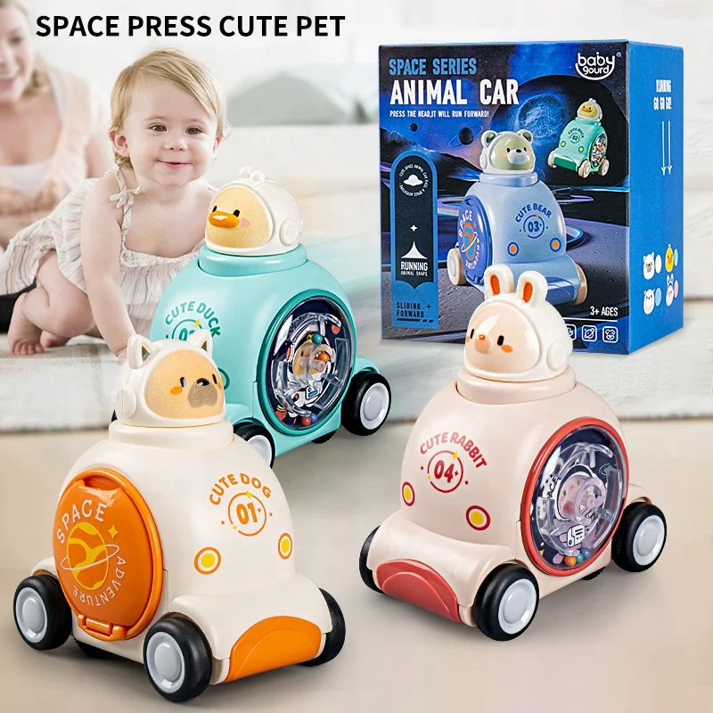 New Cartoon design juguetes space animal press diecast plastic puzzle baby mini car toys