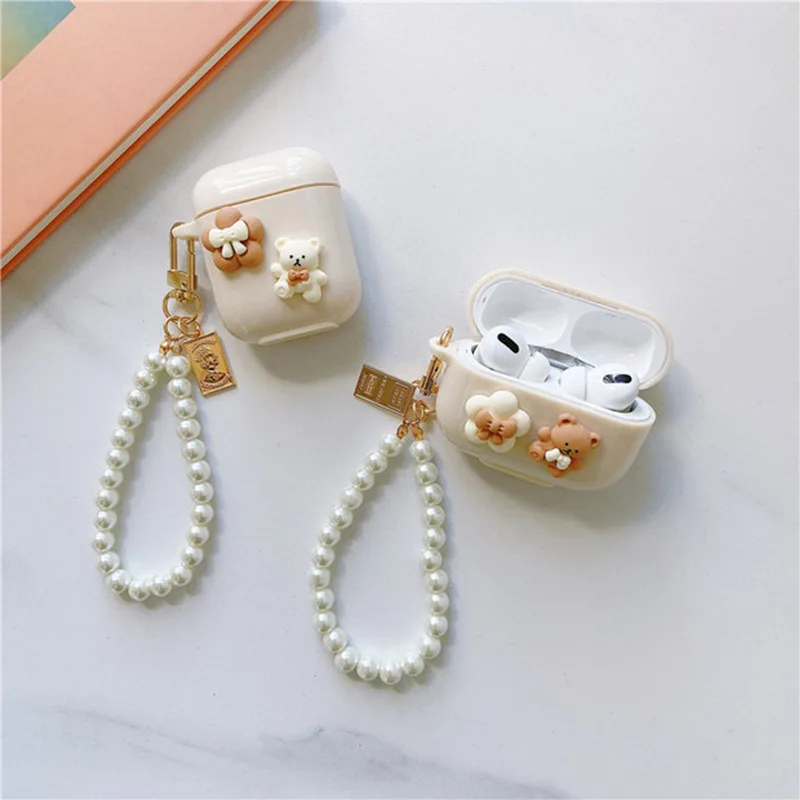 High Quality Cute 3D Bear Earphone Cases Pearl Bracket Keychain For AirPods Pro 3 2 1 Soft TPU Headset Cover For Apple