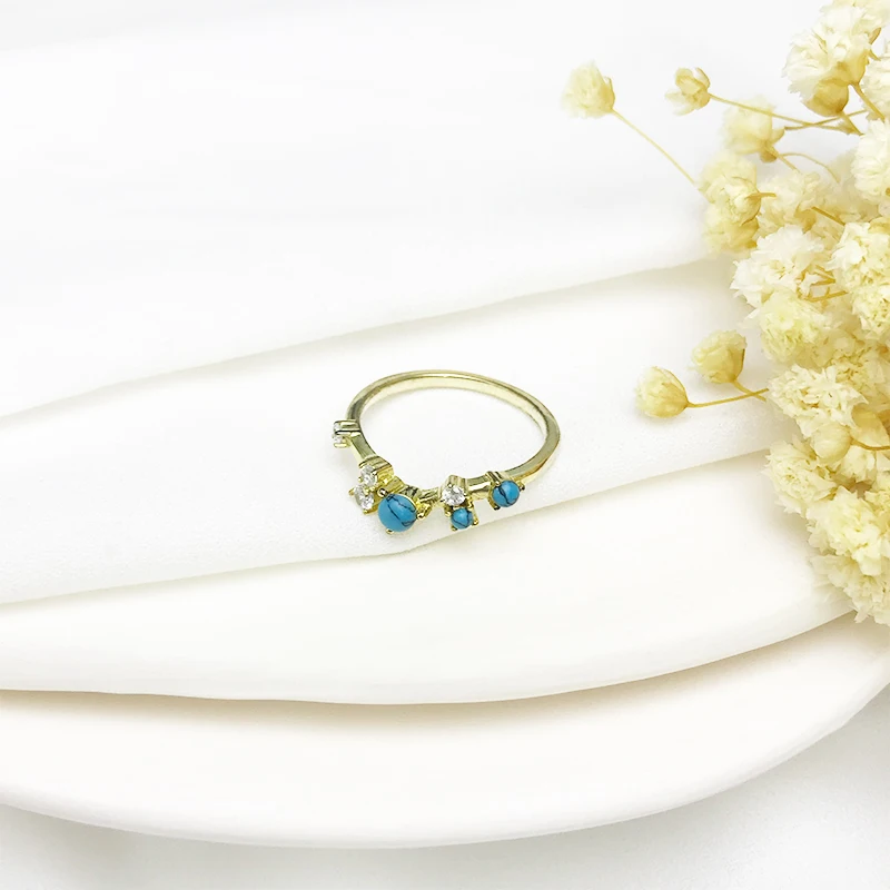 Exquisite Jewelry Zircon Set Natural Turquoise Luxury Ladies Gold Plated 925 Sterling Silver Ring