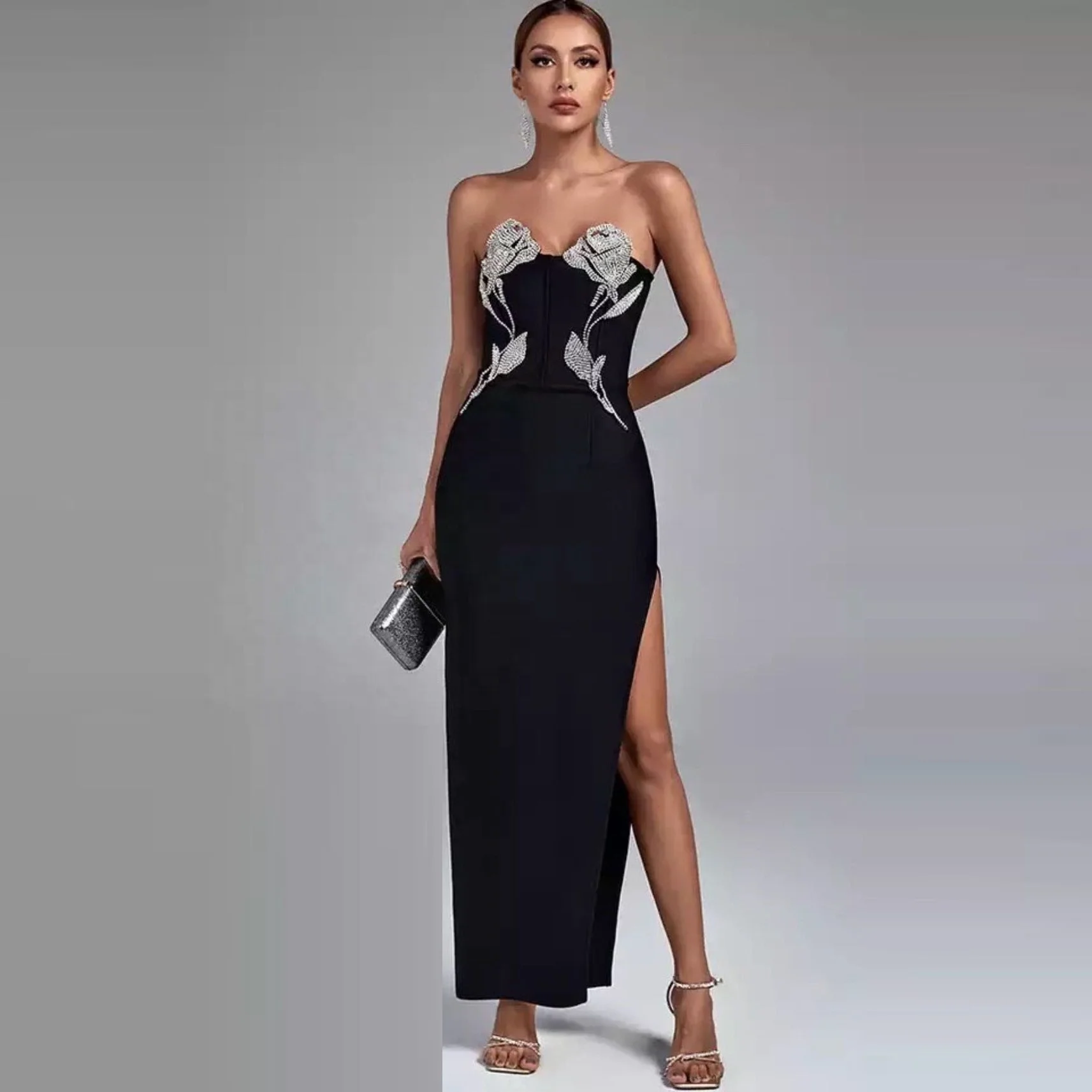 2024 Sexy Rose Embroidered Bandage Dress Long Black Bodyocn Vestidos De Fiesta Robes Longues Wedding Evening Party Prom Dresses