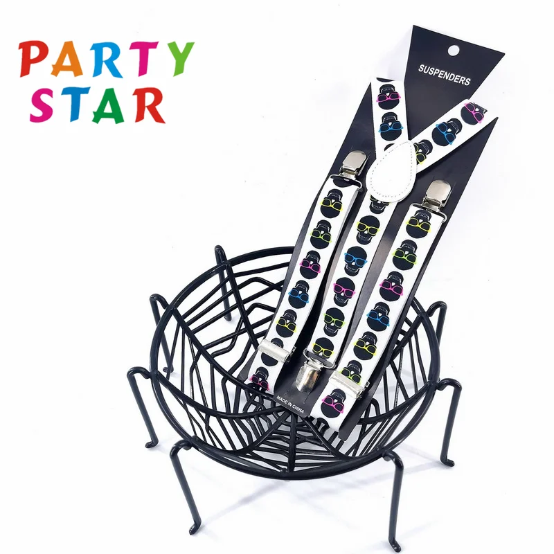 New Fashion Halloween Party Unisex Elastic Strap 3 Clip Fancy Skeleton Design Print Suspenders