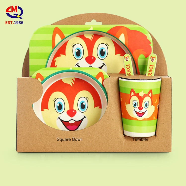 Eco friendly children tableware 5pcs healthy dinner set adorable children bamboo fiber biodegradable tableware kid set for kids