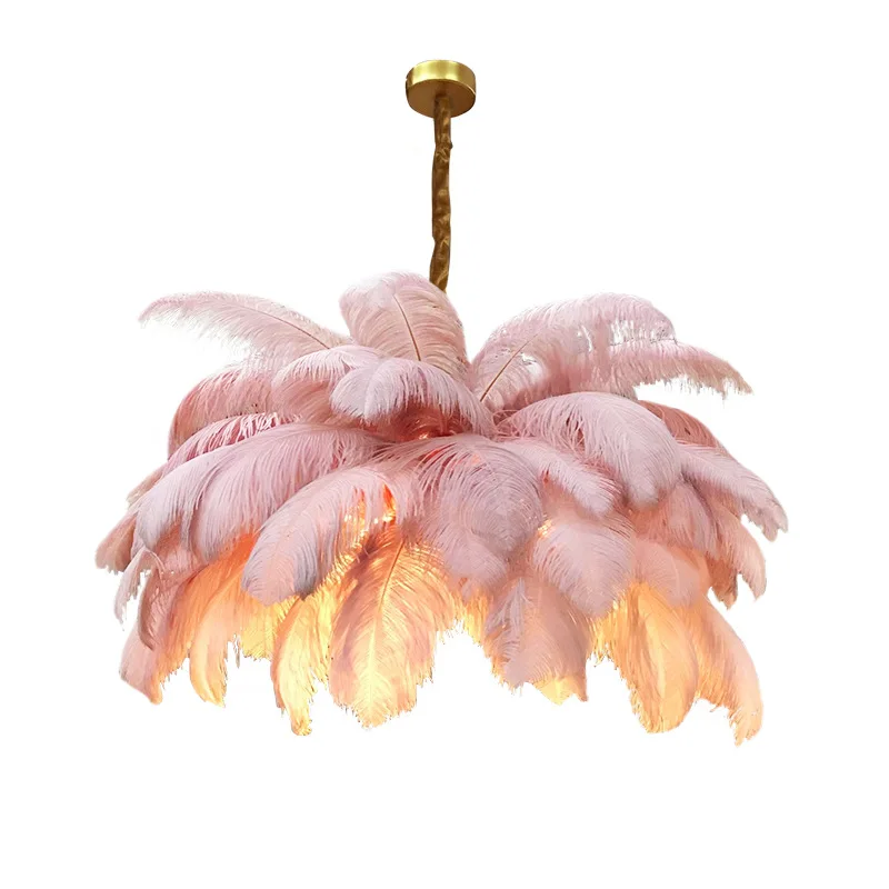 Modern Design Home Hotel Decoration Nordic Ostrich Pink Feather Copper Chandelier Light Hanging Pendant Lamp