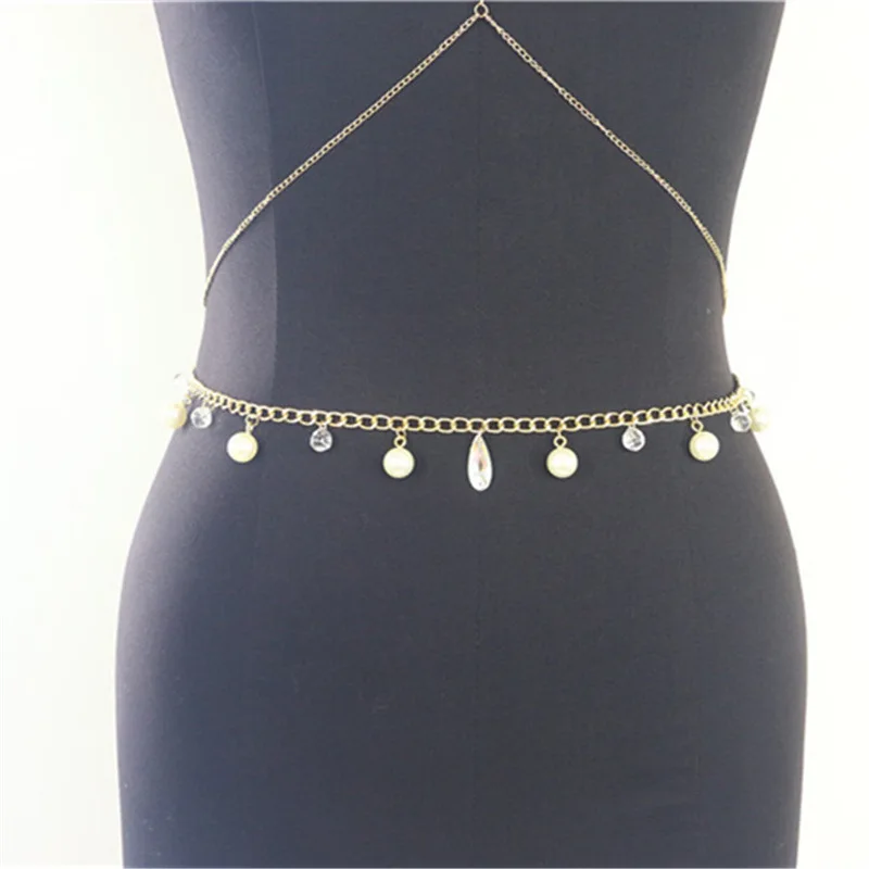 Summer Beach Jewelry Crystal Pearl Waist Chain Popular Harness Crossover Bra Body Chain Belly Waist ChainSummer Beach Jewelry Cr