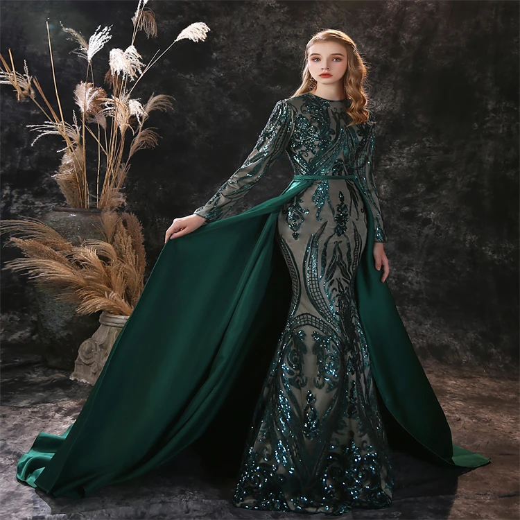 Green Embrodery Lace A-line Skirt Designer Long Sleeves Women  Evening Dresses