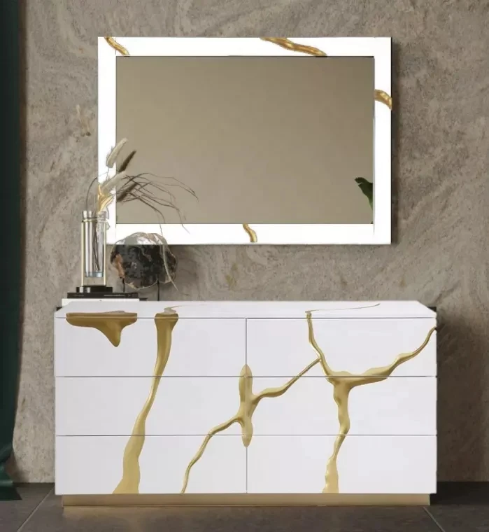 Modrest Aspen  Glam White & Gold Dresser w/ 6 Drawers and  Chest w/ 5 Drawers Light luxury glam Mirrored Furniture Set