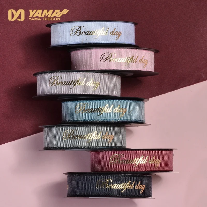 Yama Factory 3D Puff Foil Gold Printed Custom Satin Ribbon With Logo Satin Branded Ribbon