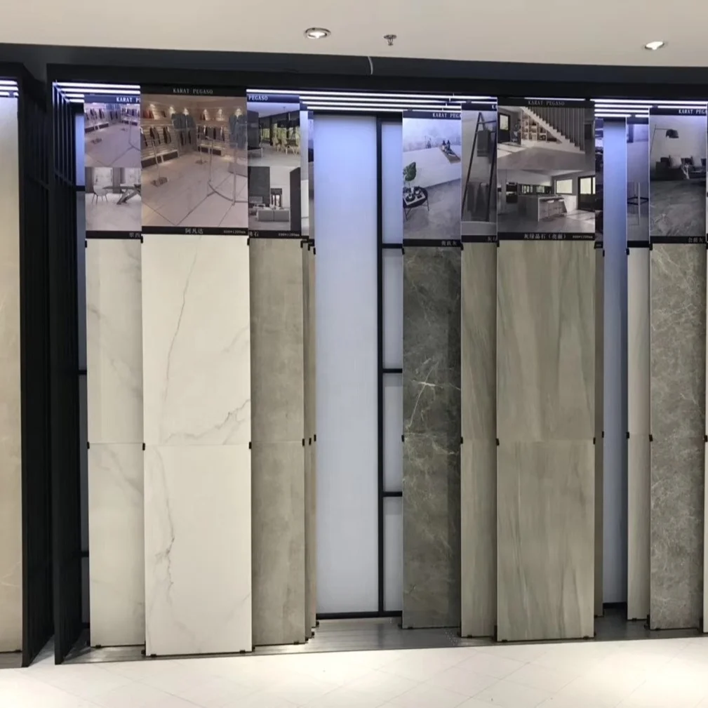 Latest rotating and sliding stone marble stainless display pedestal rack floor stone vertical display rack stand of ceramic tile