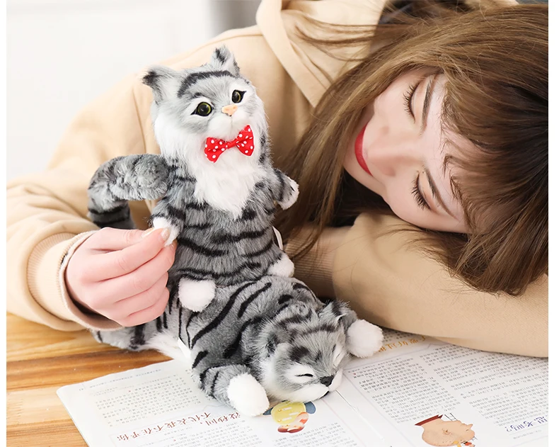 Real fur realistic stuffed animal cute cat plush toy doll