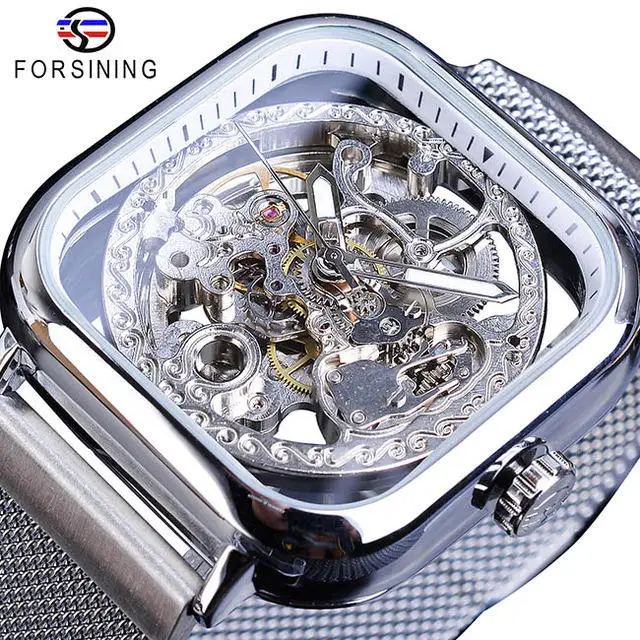 Forsining Watch Mechanical Skeleton Watches Gold Square Transparent Luxury Gold Relogio Masculino Erkek Kol Saati 7 Buyer