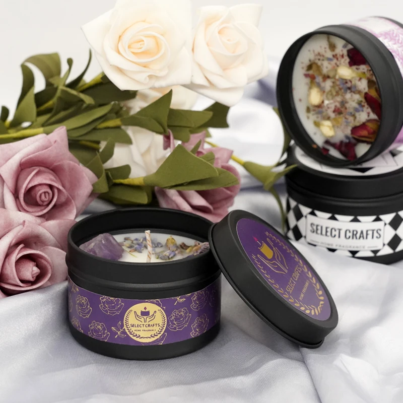 Wholesale Soy Wax Home Aromatherapy Handmade Nature Dried Flowers Crystal Tin candles