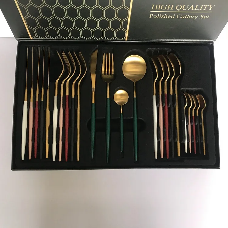 
High quality Stainless steel 304 gold flatware matte gold spoon fork knife 24pcs cutlery set 