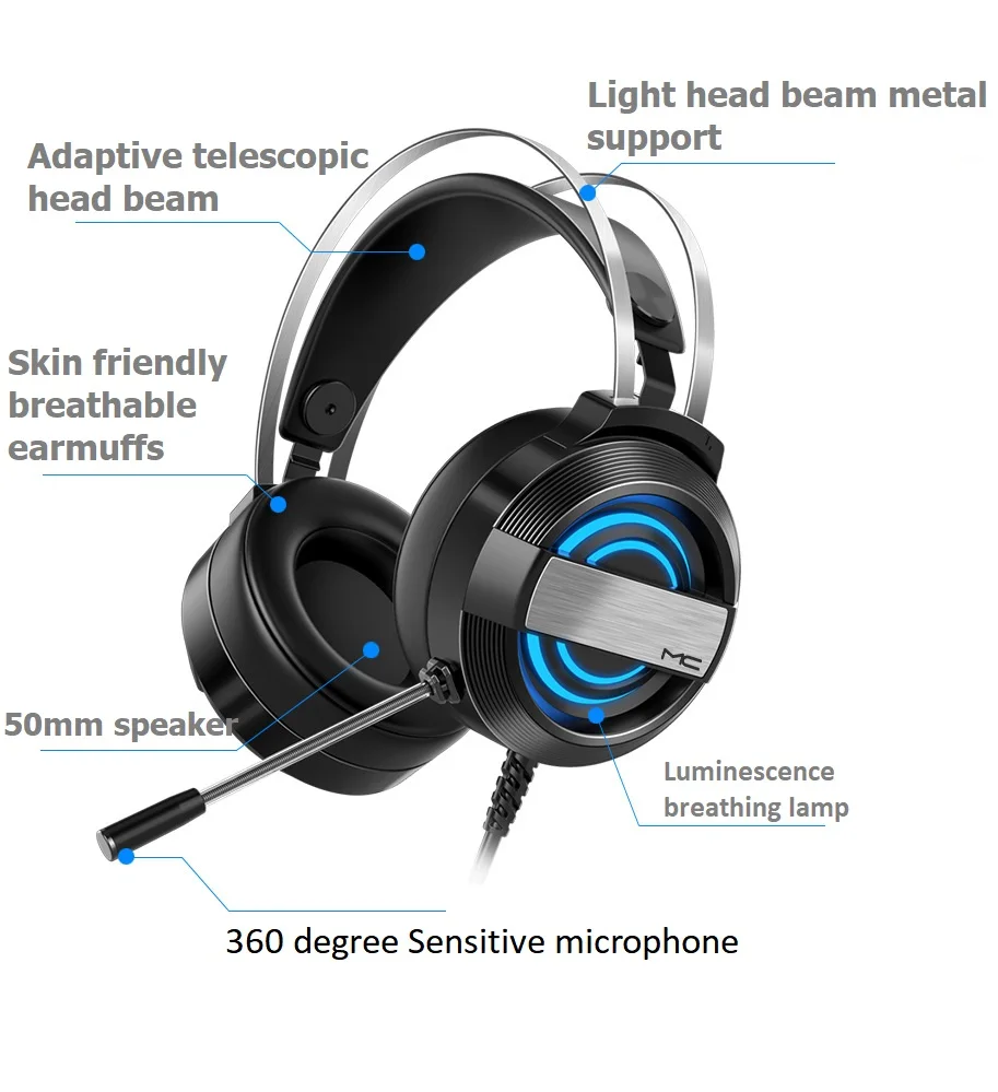 ANC 7.1 Luminescence Gamer Headphones Long Lasting PS 4 Headband Games Audifonos Noise Cancelling Gaming Headset
