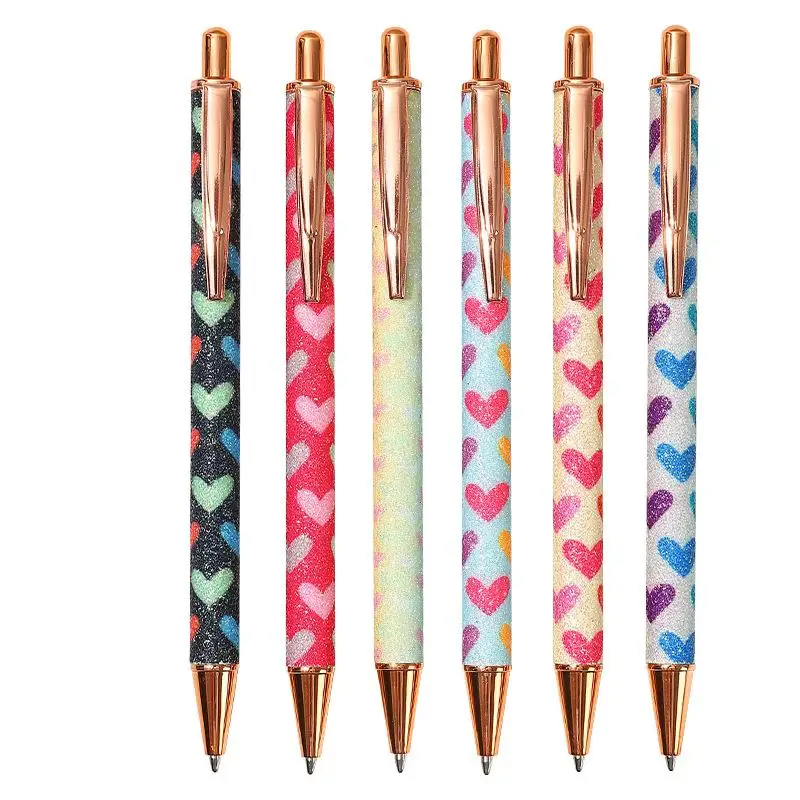 Sparkly Ballpoint Pens Fancy Glitter Heart Print Pens Metal Black Ink Pretty For Women Girls Ladies School Party Office Birthday