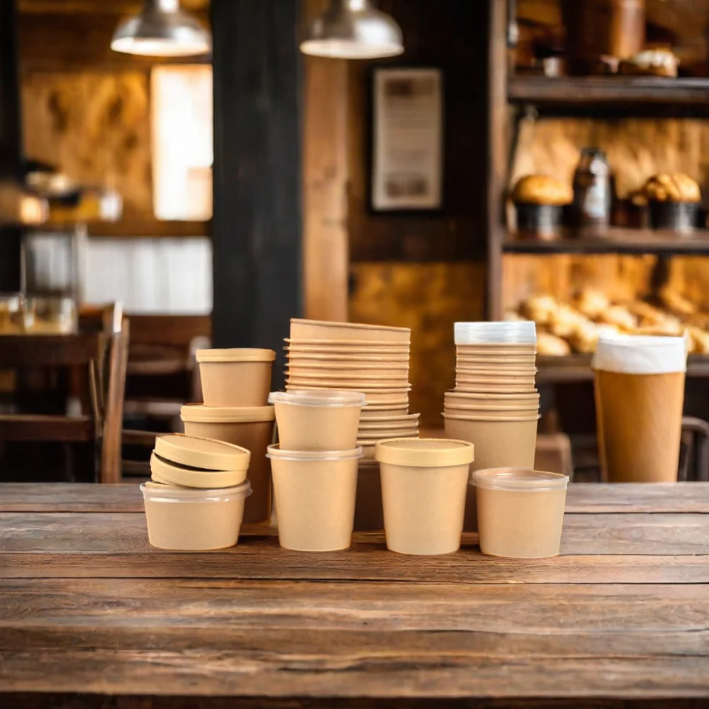 SenAng05 Food Grade Disposable Kraft Paper 12oz Porridge Bucket Portable Microwavable Paper Soup Cup With Lids