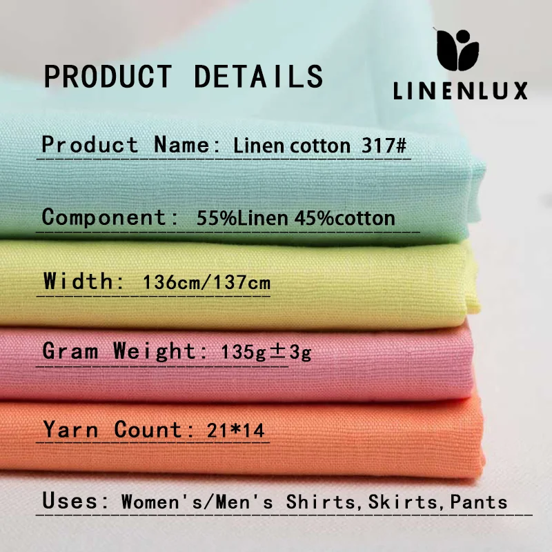 fabric blend cotton linen soft lightweight breathable fabrics 55%linen 45%cotton  for making men shirt women cloth roll 135gsm