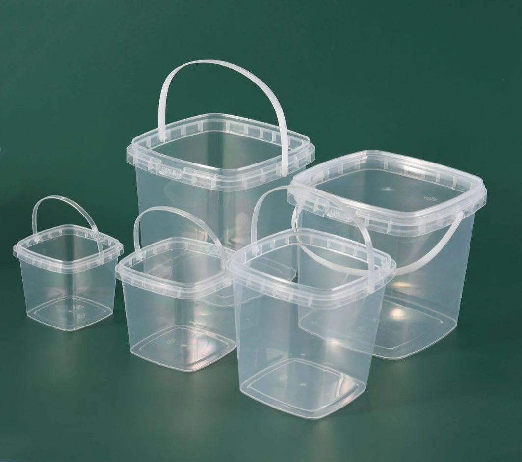 Factory Supply Food Grade Clear Plastic Jars 1L-5L Buckets Handles Lids Custom Colors Printing Logo PET Container Cream Usage
